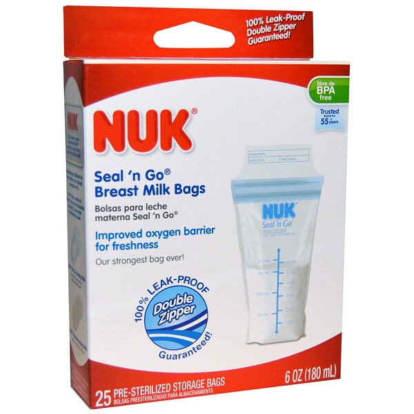 Пакеты для грудного молока Seal 'n Go, 25 пакетов для хранения, по 6 унций (180 мл) каждый NUK