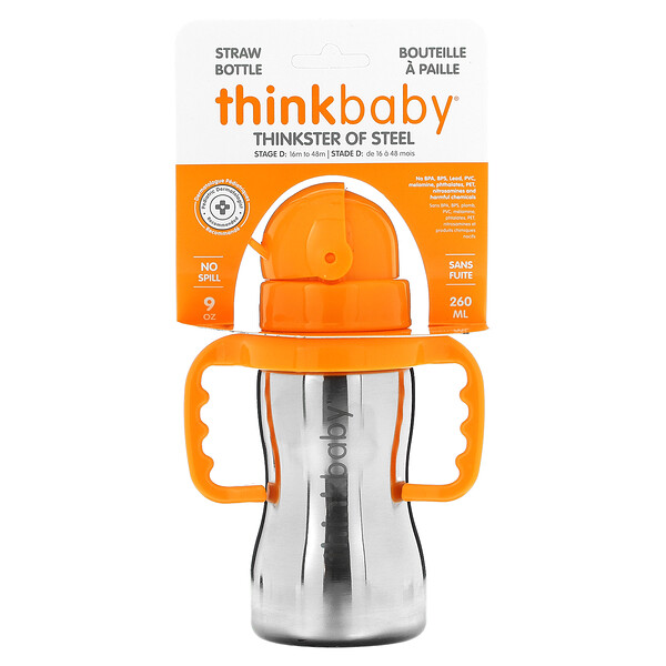 Thinkbaby, Thinkster of Steel Bottle, апельсин, 1 соломенная бутылочка, 9 унций (260 мл) Think