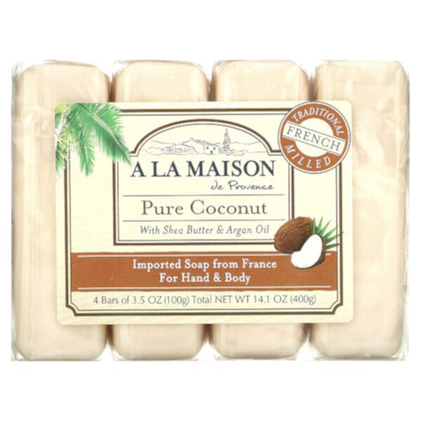 Мыло для рук и тела, чистый кокос, 4 куска по 3,5 унции каждый A La Maison