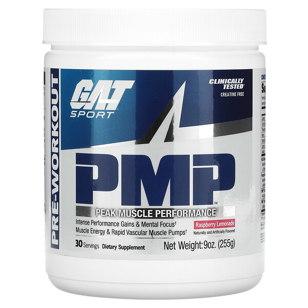 PMP, Pre-Workout, Peak Muscle Performance, малиновый лимонад, 9 унций (255 г) GAT