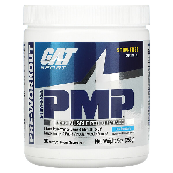 PMP, Pre-Workout, пиковая мышечная производительность, голубая малина, 9 унций (255 г) GAT