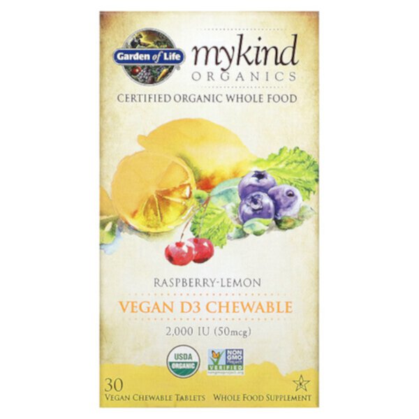 MyKind Organics, Vegan D3, малина-лимон, 50 мкг (2000 МЕ), 30 веганских жевательных таблеток Garden of Life