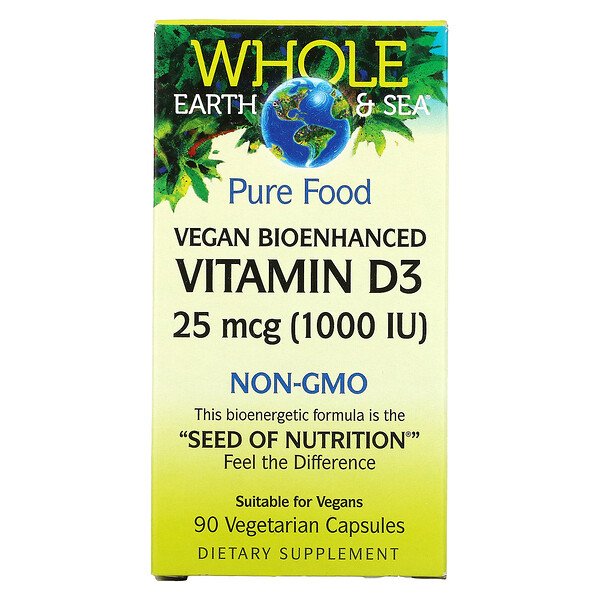 Whole Earth & Sea, Веганский биоусиленный витамин D3, 25 мкг (1000 МЕ), 90 вегетарианских капсул Natural Factors