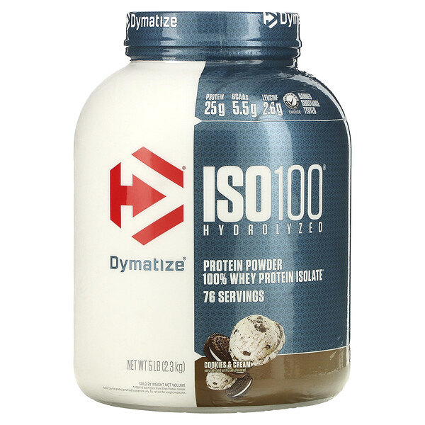 ISO100 гидролизованный, 100% изолят сывороточного протеина, печенье и сливки, 5 фунтов (2,3 кг) Dymatize