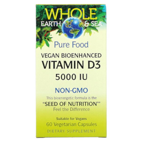 Whole Earth & Sea, Веганский биоусиленный витамин D3, 5000 МЕ, 60 вегетарианских капсул Natural Factors