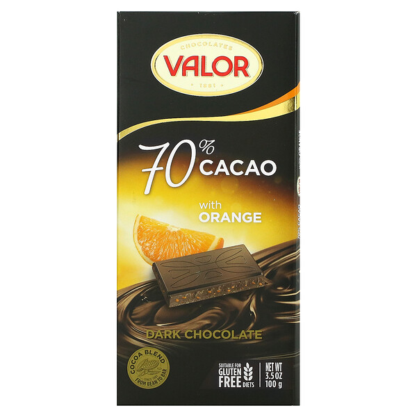 Темный шоколад с апельсином, 70% какао, 3,5 унции (100 г) Valor