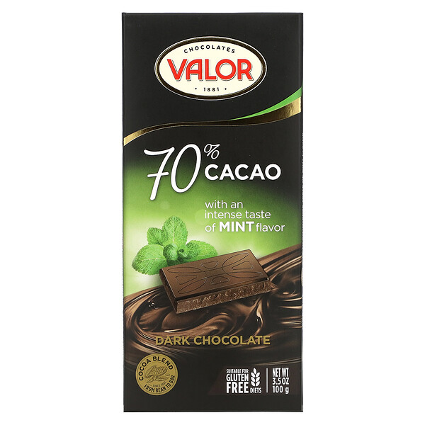 Темный шоколад, 70% какао, с мятой, 3,5 унции (100 г) Valor