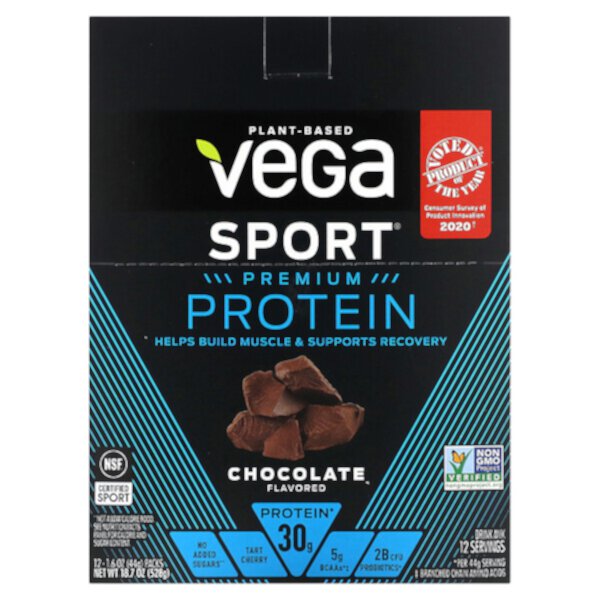 Sport, Белок премиум-класса на растительной основе, шоколад, 12 упаковок по 1,6 унции (44 г) каждая Vega