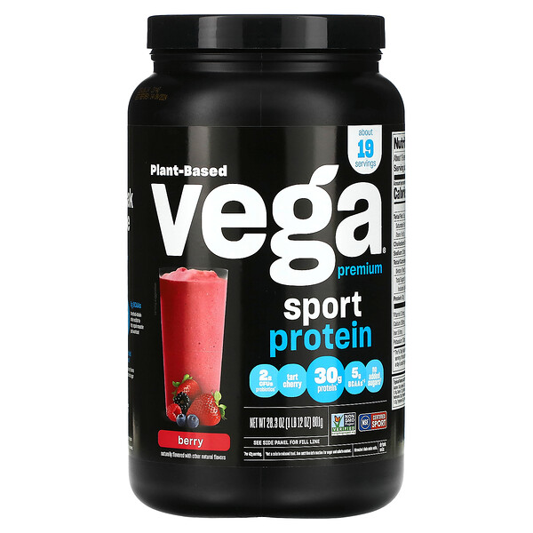 Sport, Plant-Based Premium Protein Powder (Порошок), Berry, 1 lb (Фунты) 12 oz (Унции)  (801 g) Vega