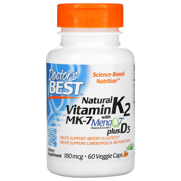 Натуральный витамин K2 MK-7 с MenaQ7 плюс витамин D3, 180 мкг, 60 растительных капсул Doctor's Best