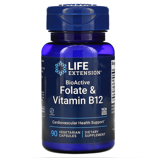 BioActive, Фолиевая кислота и витамин B12, 90 вегетарианских капсул Life Extension