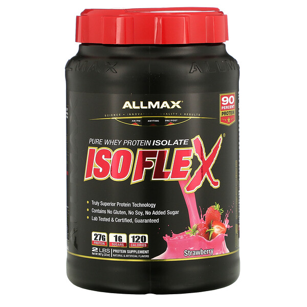 Isoflex, Чистый изолят сывороточного протеина (фильтрация ионно-заряженных частиц WPI), клубника, 2 фунта. (907 г) ALLMAX