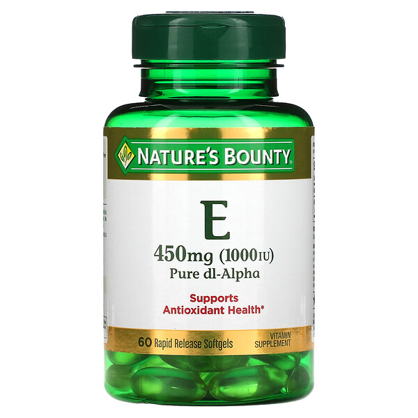 Витамин Е, Чистый Dl-Aльфа - 450 мг (1000 МЕ) - 60 быстрорастворимых мягких капсул - Nature's Bounty Nature's Bounty