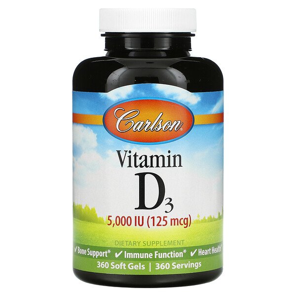 Витамин D3, 125 мкг (5000 МЕ), 360 мягких желатиновых капсул Carlson