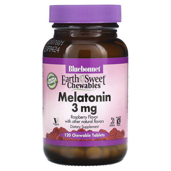 EarthSweet Chewables, Мелатонин, натуральный вкус малины, 3 мг, 120 жевательных таблеток Bluebonnet Nutrition