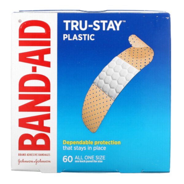 Tru-Stay, Клейкие бинты, пластиковые полоски, 60 бинтов Band Aid