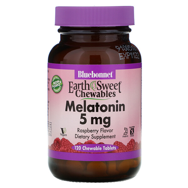 Earth Sweet Chewables, Мелатонин, натуральный вкус малины, 5 мг, 120 жевательных таблеток Bluebonnet Nutrition