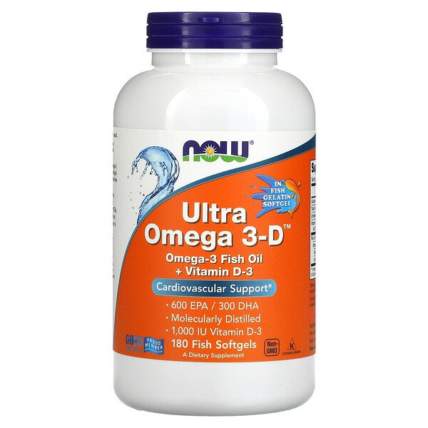 Ultra Omega 3-D, 600 EPA / 300 DHA, 180 рыбьих мягких желатиновых капсул NOW Foods