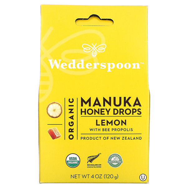 Органические медовые капли манука, лимон с пчелиным прополисом, 4 унции (120 г) Wedderspoon
