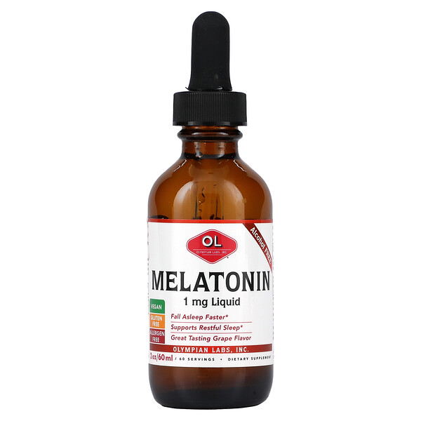 Мелатонин, без спирта, виноград, 1 мг, 2 унции (60 мл) Olympian Labs
