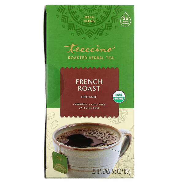 Органический обжаренный травяной чай, French Roast, без кофеина, 25 чайных пакетиков, 5,3 унции (150 г) Teeccino