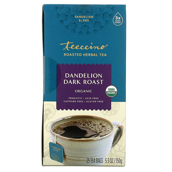 Органический обжаренный травяной чай, темный обжаренный одуванчик, без кофеина, 25 чайных пакетиков, 5,3 унции (150 г) Teeccino