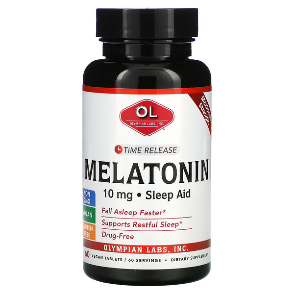 Мелатонин, замедленное высвобождение, 10 мг, 60 веганских таблеток Olympian Labs