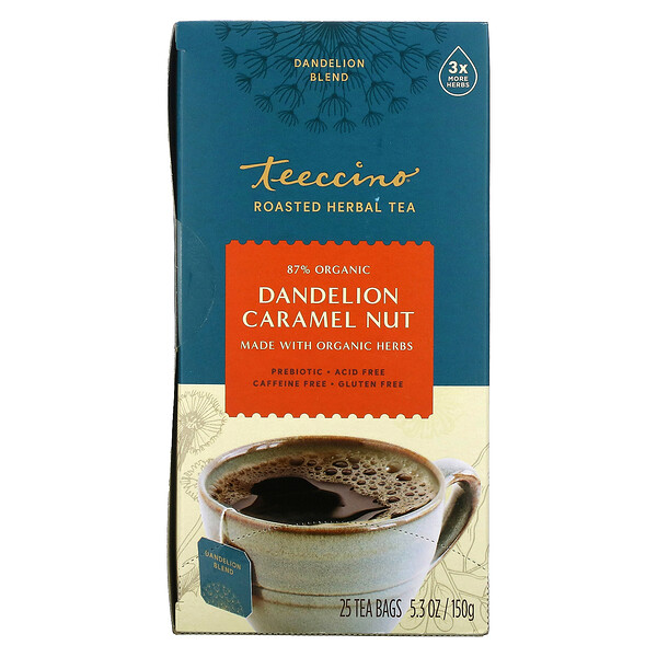 Жареный травяной чай, одуванчик с карамельным орехом, без кофеина, 25 чайных пакетиков, 5,3 унции (150 г) Teeccino
