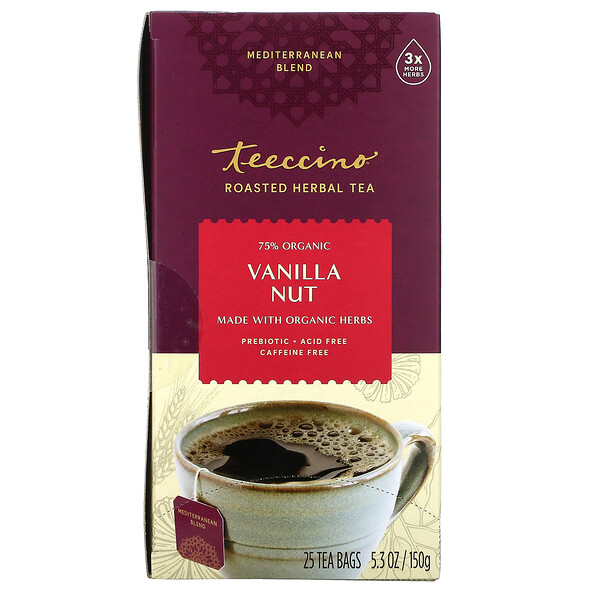 Жареный травяной чай, ванильный орех, без кофеина, 25 чайных пакетиков, 5,3 унции (150 г) Teeccino