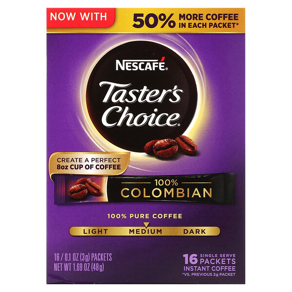 Taster's Choice, Растворимый кофе, 100% колумбийский кофе, средней обжарки, 16 пакетиков по 0,1 унции (3 г) каждый Nescafé