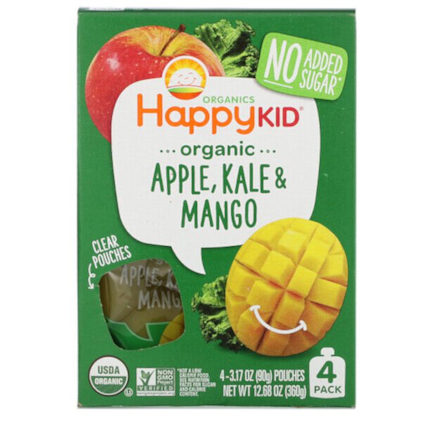 Happy Kid, Органическое яблоко, капуста и манго, 4 пакетика по 3,17 унции (90 г) каждый Happy Family Organics