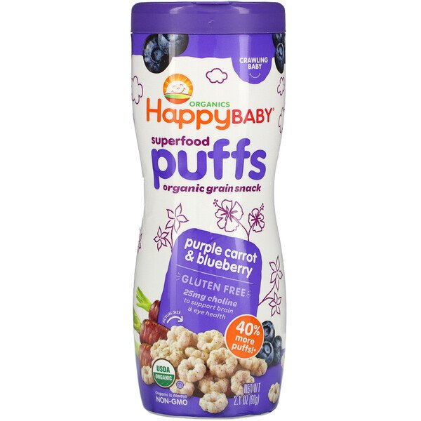 Superfood Puffs, Органическая зерновая закуска, фиолетовая морковь и черника, 2,1 унции (60 г) Happy Family Organics