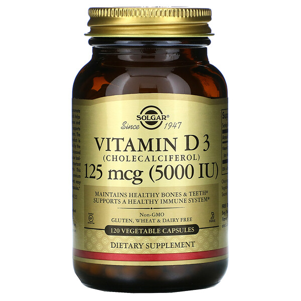 Витамин D3 (холекальциферол), 125 мкг (5000 МЕ), 120 растительных капсул Solgar