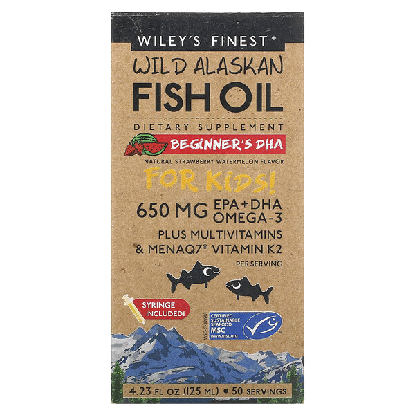 Жир дикой рыбы Аляски, для детей!, ДГК для начинающих, натуральный вкус клубники и арбуза, 650 мг, 4,23 жидких унции (125 мл) Wiley's Finest