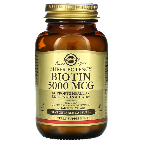 Биотин, 5000 мкг, 50 растительных капсул Solgar