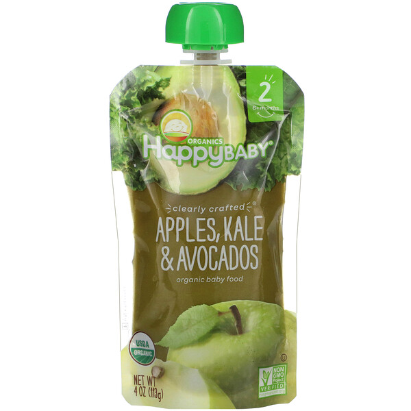 Органическое детское питание, этап 2, от 6 месяцев, яблоки, капуста и авокадо, 4 унции (113 г) Happy Family Organics