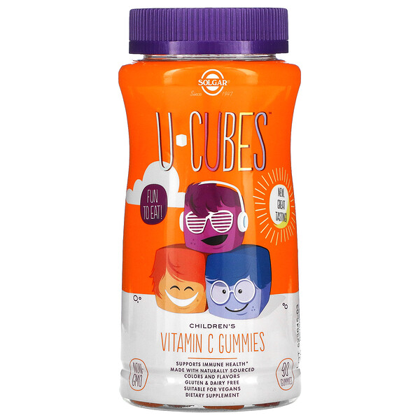 U-Cubes, Детские жевательные конфеты с витамином С, апельсин и клубника, 90 жевательных конфет Solgar