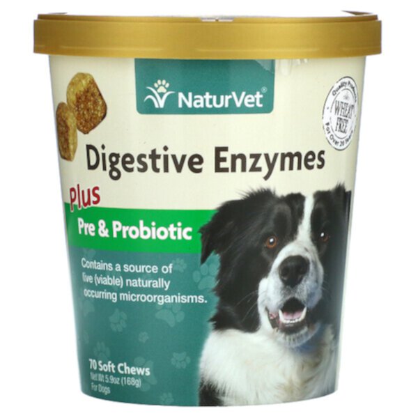 Пищеварительные ферменты плюс пре- и пробиотики, для собак, 70 мягких жевательных таблеток, 5,9 унций (168 г) NaturVet