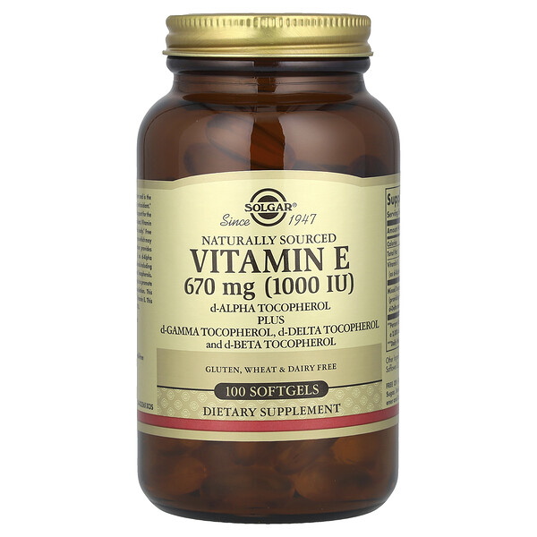 Vitamin E, d-Alpha Tocopherol Plus d-Gamma Tocopherol, d-Delta Tocopherol and d-Beta Tocopherol, 670 mg (1,000 IU), 100 Softgels Solgar