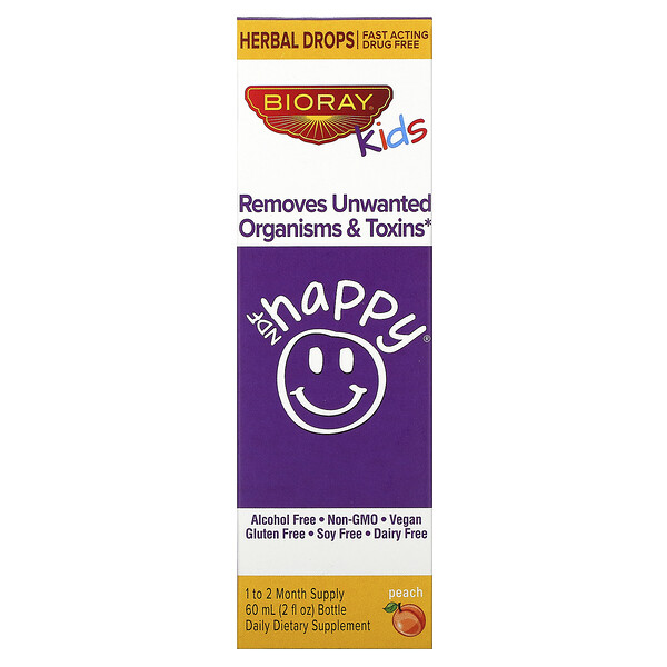 NDF Happy, Удаляет нежелательные организмы и токсины, для детей, со вкусом персика, 2 жидких унции. (60 мл) Bioray Inc.