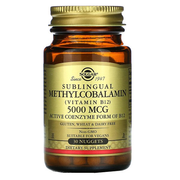 Сублингвальный метилкобаламин (витамин B12), 5000 мкг, 30 наггетсов Solgar