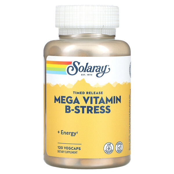 Mega B-Stress, высвобождение по времени, 120 растительных капсул Solaray