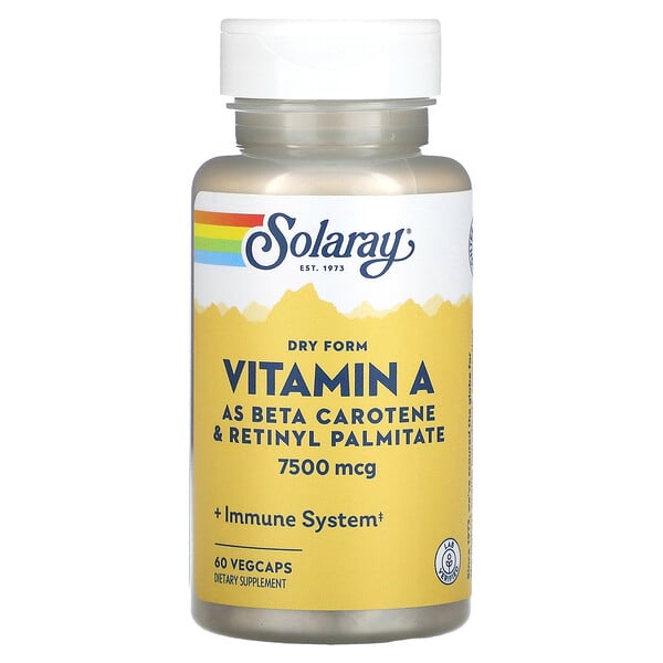 Витамин А в сухой форме, 7500 мкг, 60 растительных капсул Solaray