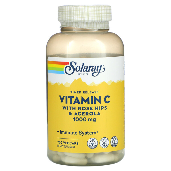 Витамин C замедленного высвобождения с шиповником и ацеролой, 1000 мг, 250 растительных капсул Solaray