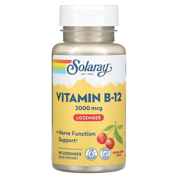 Витамин B-12, Натуральная вишня, 2000 мкг, 90 леденцов - Solaray Solaray
