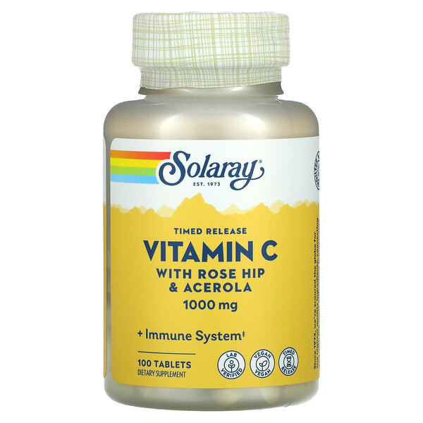 Витамин C замедленного высвобождения, с шиповником и ацеролой, 1000 мг, 100 таблеток Solaray