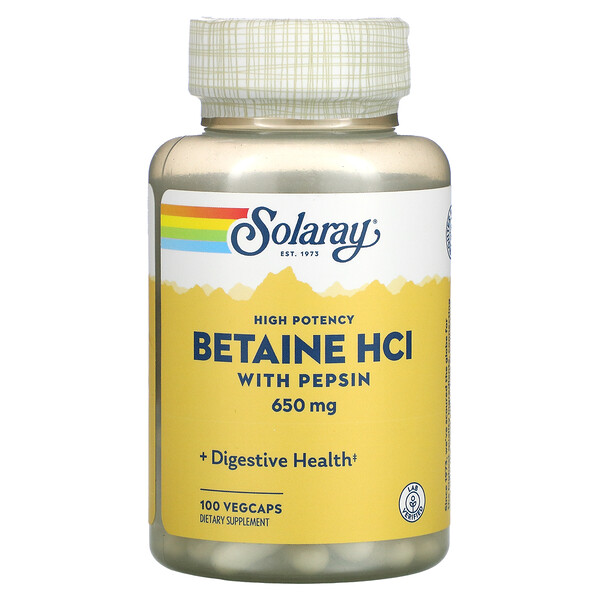 Высокоэффективный бетаин HCL с пепсином, 650 мг, 100 растительных капсул Solaray