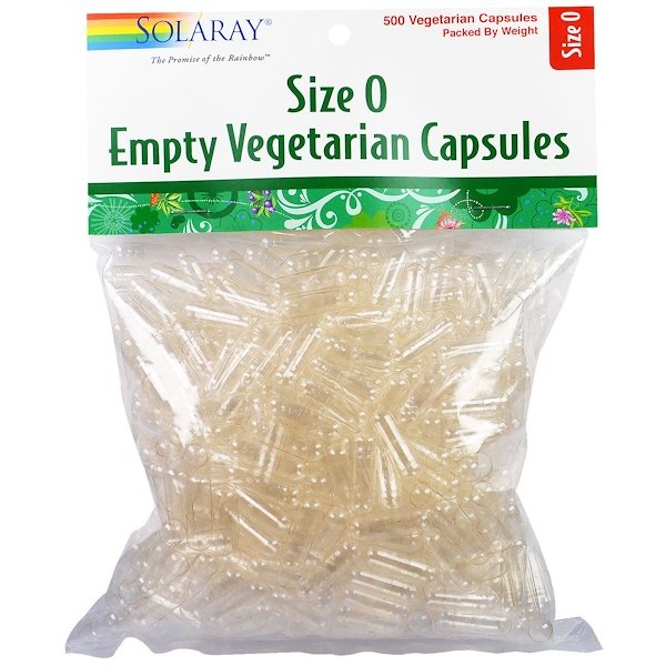 Пустые вегетарианские капсулы, размер 0, 500 вегетарианских капсул Solaray