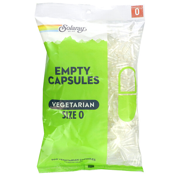 Пустые вегетарианские капсулы, размер 0, 500 вегетарианских капсул Solaray
