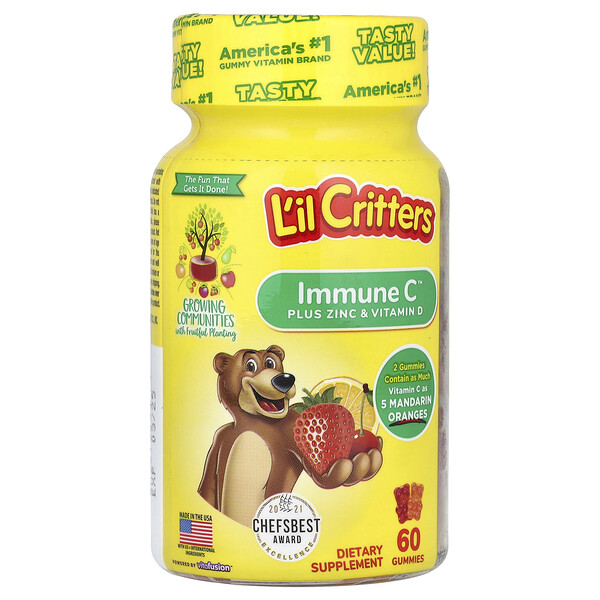 Immune C™ Plus Zinc & Vitamin D, Assorted Flavors, 60 Gummies (Жевательные конфеты) L'il Critters